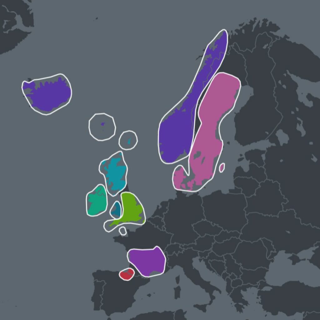 Gray map of DNA ethnic breakdowns for British isles, and Scandinavia.