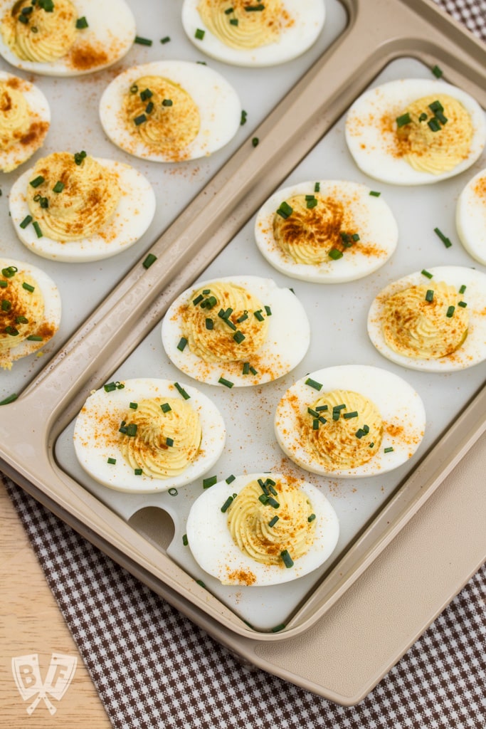 Deviled eggs in a serving tray.