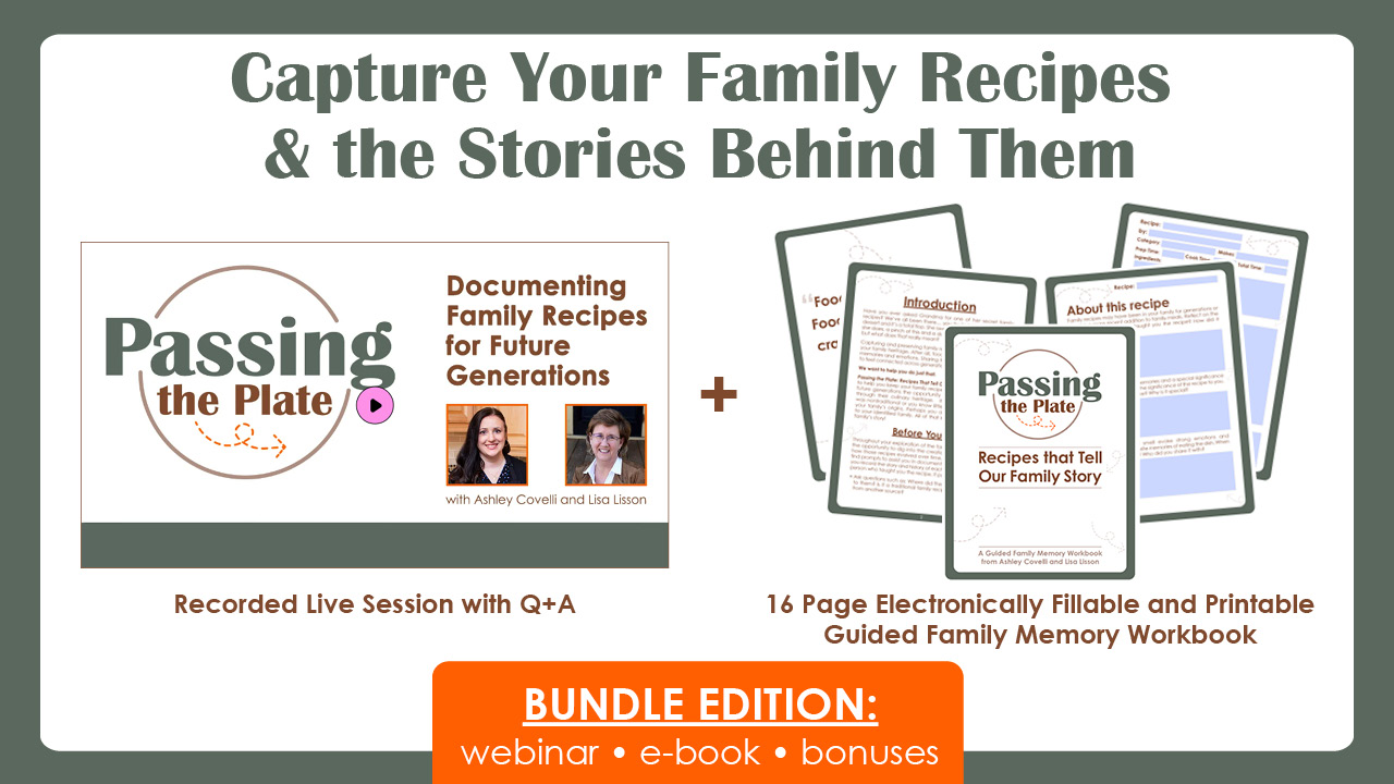 Text reads, "Capture your family recipes and the stories behind them." with sample images from a webinar and PDF bundle.