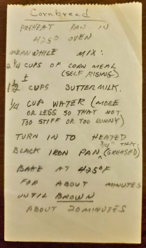 Handwritten cornbread recipe