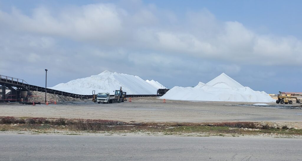 "mountains" of salt at the Bonaire salt flats.