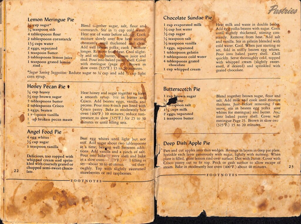 Old stained vintage cookbook pages