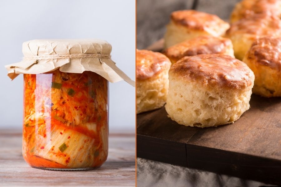 2 photo collage with jar of kimchi on left and southern biscuits on right.